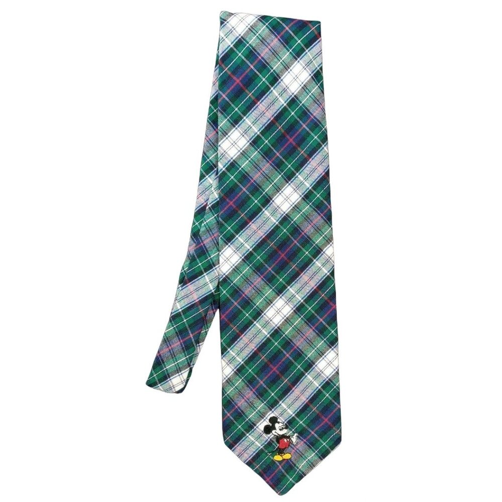 Vintage Mickey Mouse Necktie Plaid Embroidered Cotton Disney Tartan Tie Green
